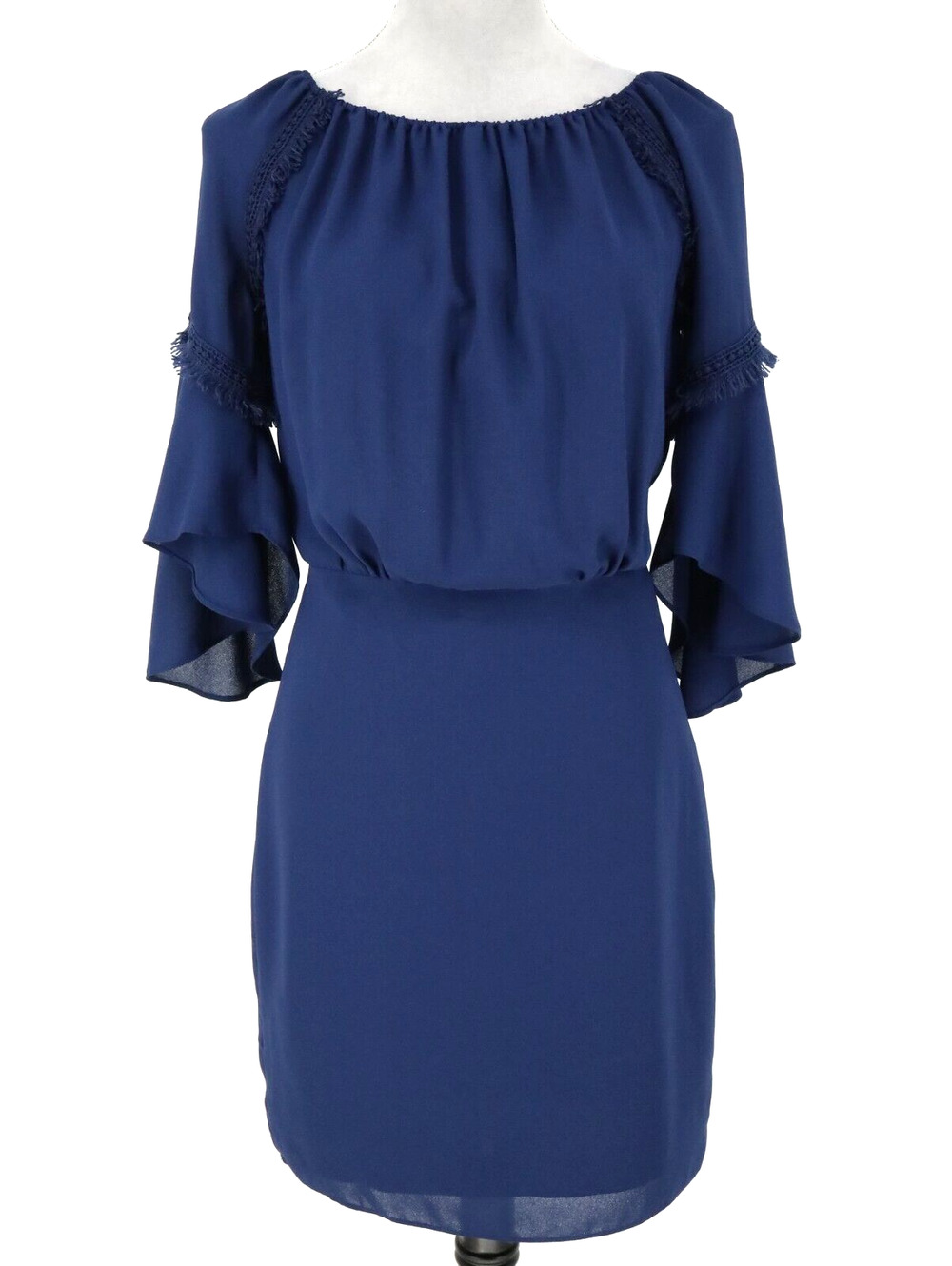 Halston Dress Womens 2 Navy Blue Chiffon Lined Bell Sleeve Lace Fringe Trim